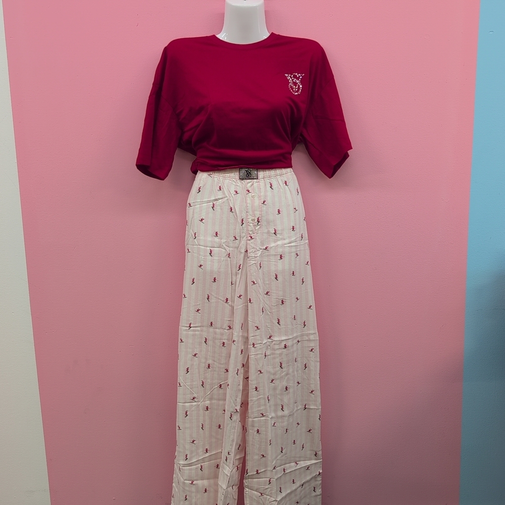 Victoria's Secret Flannel Short Sleeve Long Tee Jama Set Medium Red